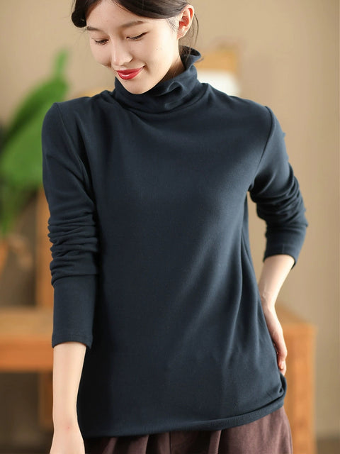 Women Casual Autumn Solid Turtleneck Botton Blouse