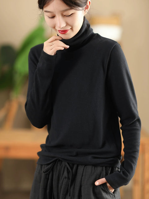 Women Casual Autumn Solid Turtleneck Botton Blouse