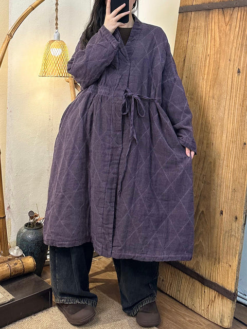 Women Autumn  Rhomboid Strap Waist Solid Linen Padded Coat