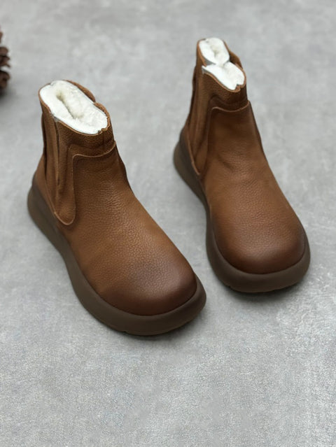 Women Winter Genuine Leather Fleece-lined Mid Heel Boots