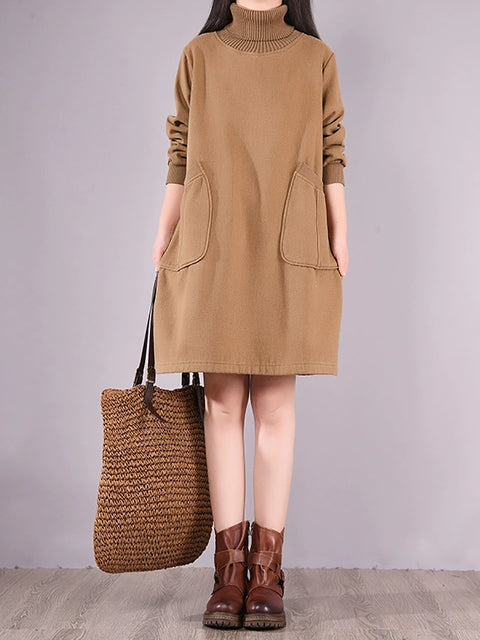 Women Winter Artsy Solid Fleecce-lined Turtleneck Cotton Dress