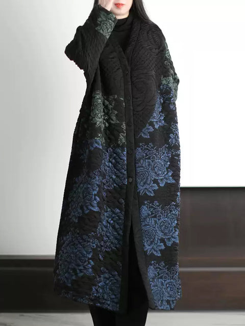 Women Autumn Ethnic Flower V-Neck Long Coat