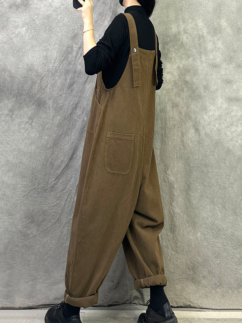 Kvinder Vintage Solid Corduroy Løse Jumpsuits