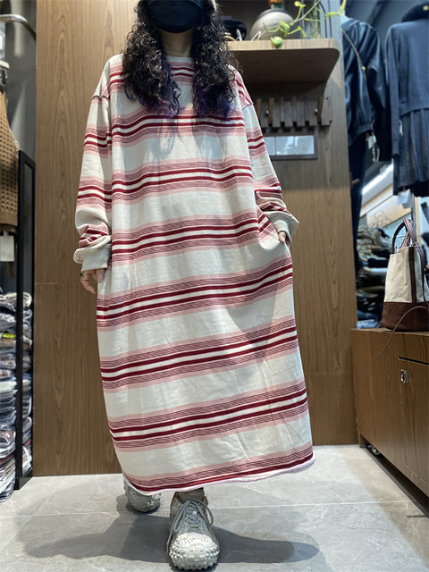 Women Casual Autumn Stripe O-Neck Cotton Dress