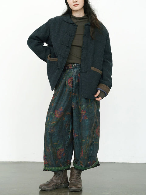 Women Winter Retro Flower Denim Spliced Wide-leg Pants