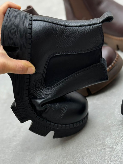 Women Retro Genuine Leather Platform Low-Heel Boots