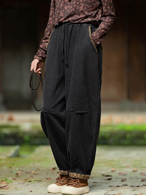 Women Winter Retro Solid Spliced Padded Harem Pants