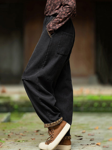 Women Winter Retro Solid Spliced Padded Harem Pants