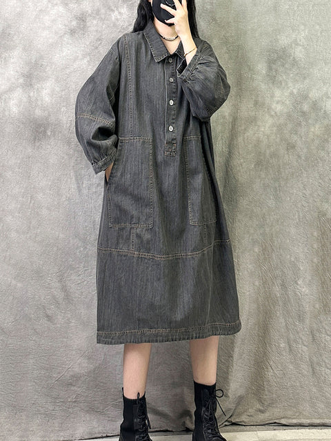 Women Autumn Retro Solid Turn-down Collar Denim Dress