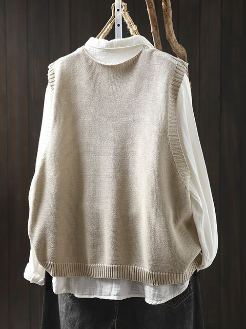 Women Casual Autumn Wool O-Neck Colorful Button Knit Vest