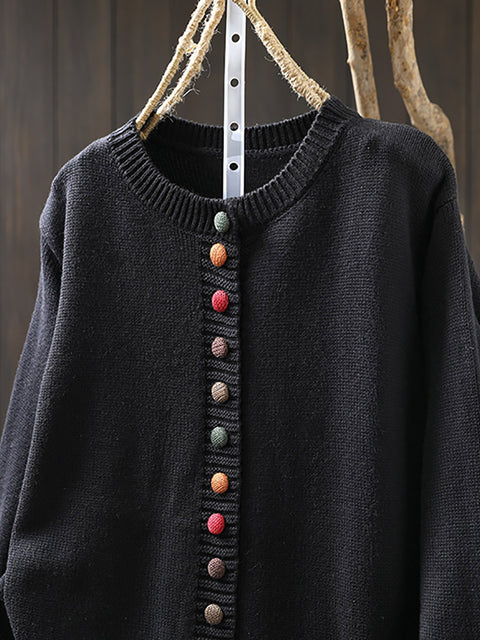 Women Autumn Artsy Colorful Button O-Neck Knit Sweater