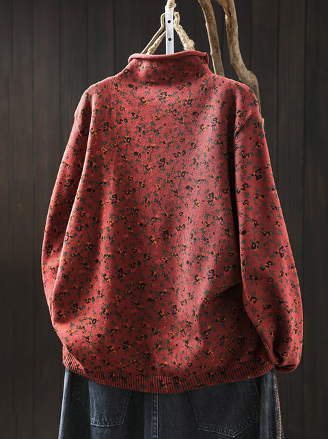 Women Autumn Artsy Floral Half-Turtleneck Knit Sweater