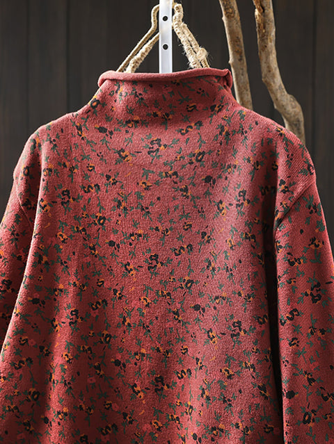 Women Autumn Artsy Floral Half-Turtleneck Knit Sweater