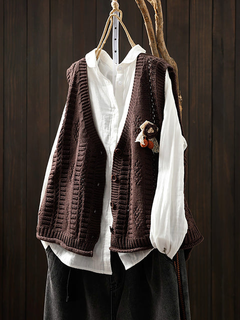 Women Casual Autumn Cotton V-Neck Cable Knit Vest