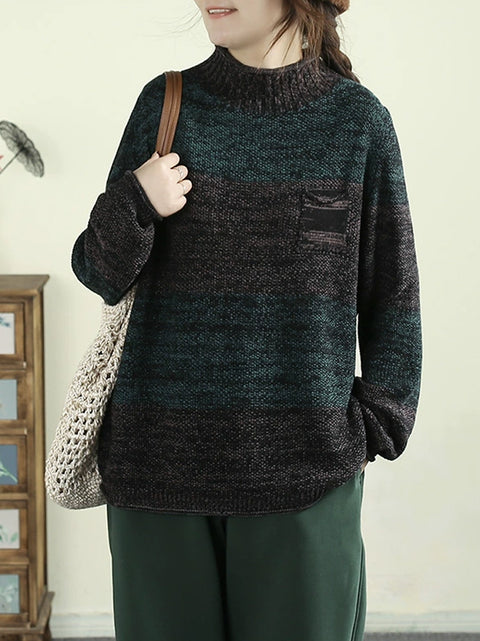 Women Autumn Artsy Colorblock Stand Collar Knit Sweater