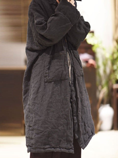 Women Winter Casual Pure Color Linen Padded Long Coat