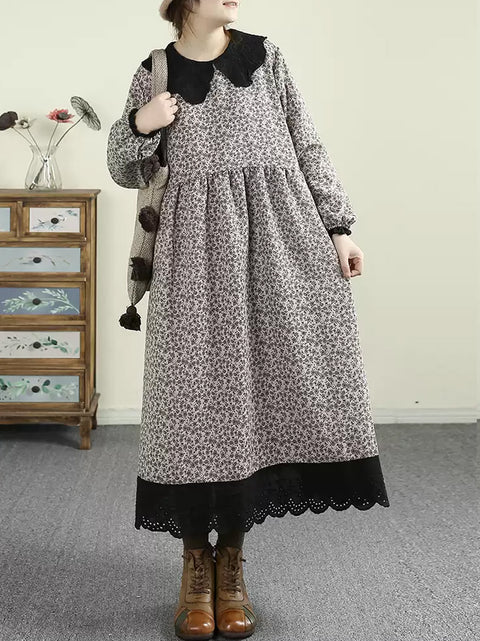 Women Autumn Floral O-Neck Lace Loose Dress