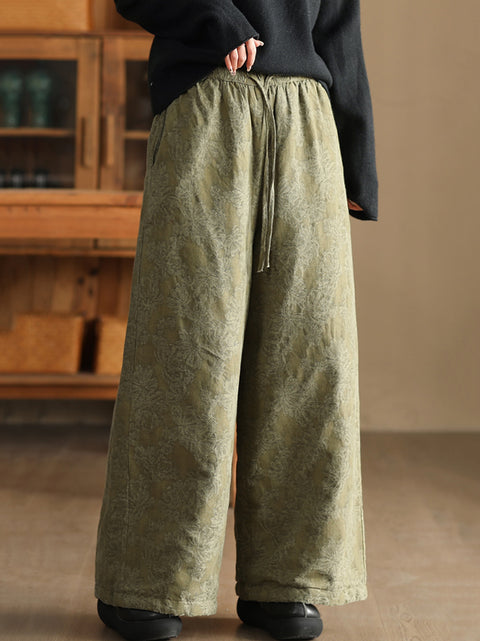 Women Winter Flower Jacquard Wide-leg Padded Pants