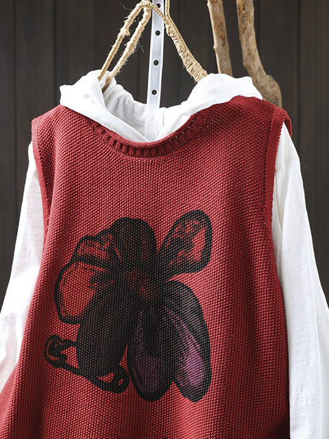 Women Winter Flower O-Neck Knit Vest