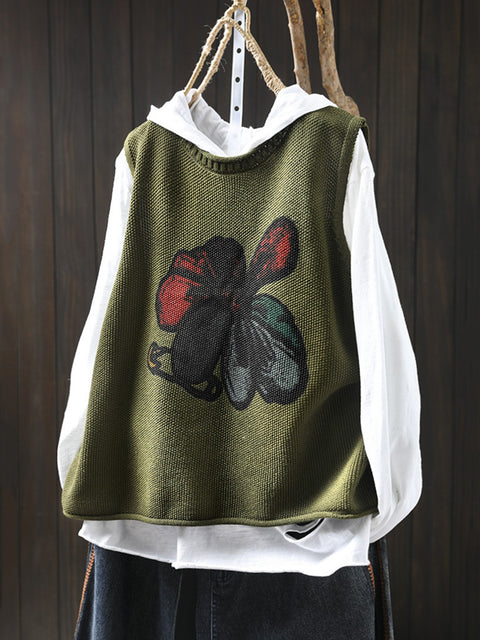 Women Winter Flower O-Neck Knit Vest