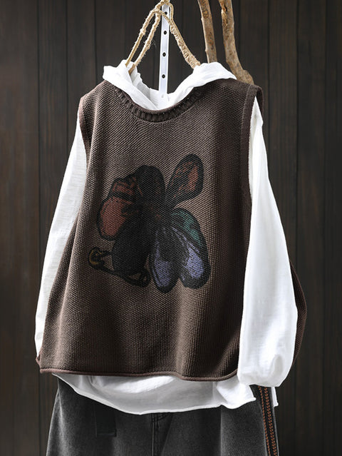 Women Winter Flower O-Neck Knit Vest