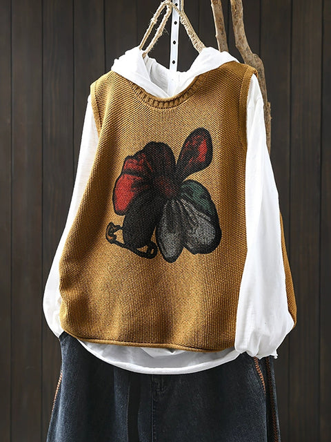 Women Winter Flower O-Neck Knit Vest