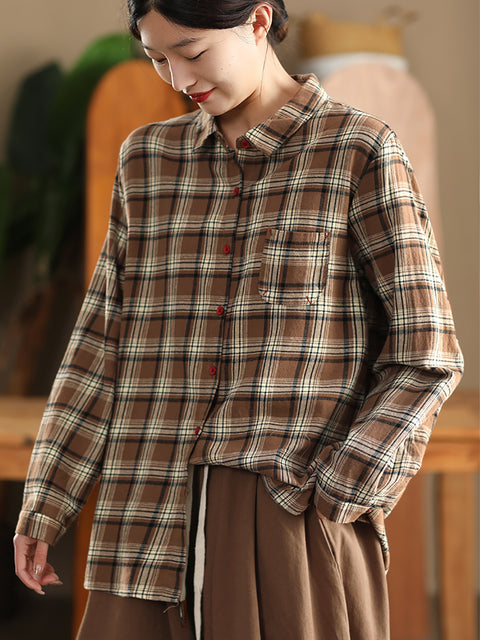 Women Autumn Cotton Turn-down Collar Plaid Shirt