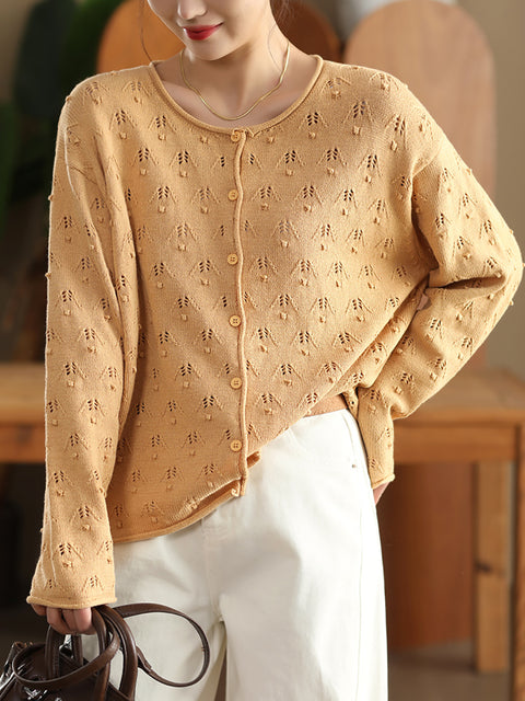 Women Autumn Perforated Knit O-Neck Cotton Sweater