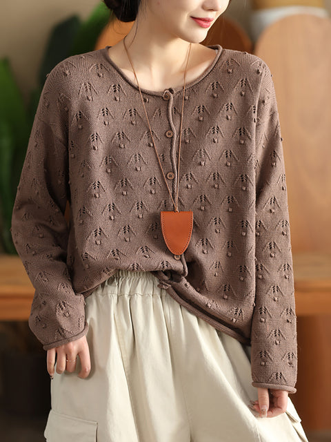 Women Autumn Perforated Knit O-Neck Cotton Sweater