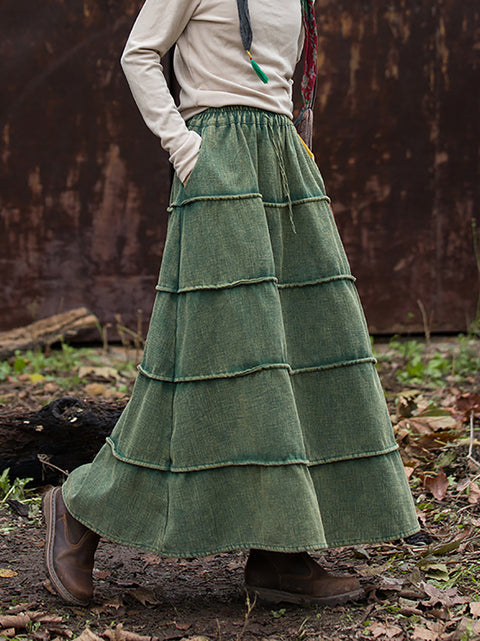 Women Retro Spliced Ramie Fleece-lined Skirt