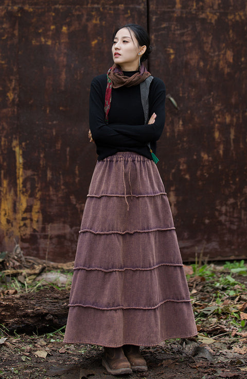 Women Retro Spliced Ramie Fleece-lined Skirt