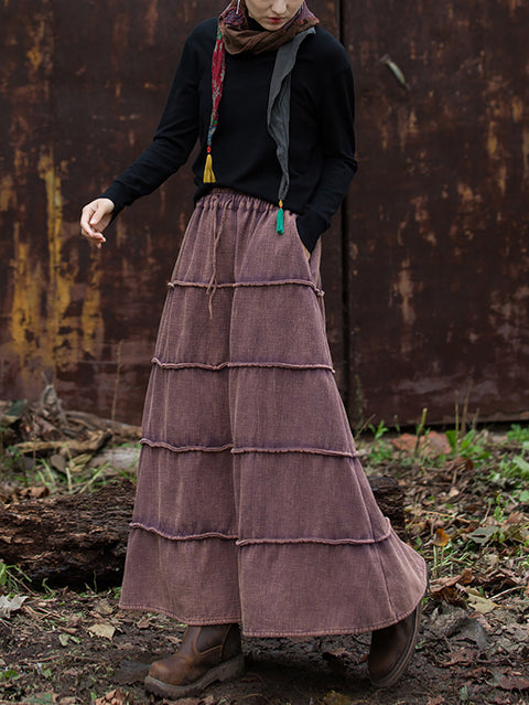 Women Retro Spliced Ramie Fleece-lined Skirt