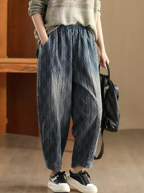 Women Spring Casual Denim Rhomboids Harem Pants