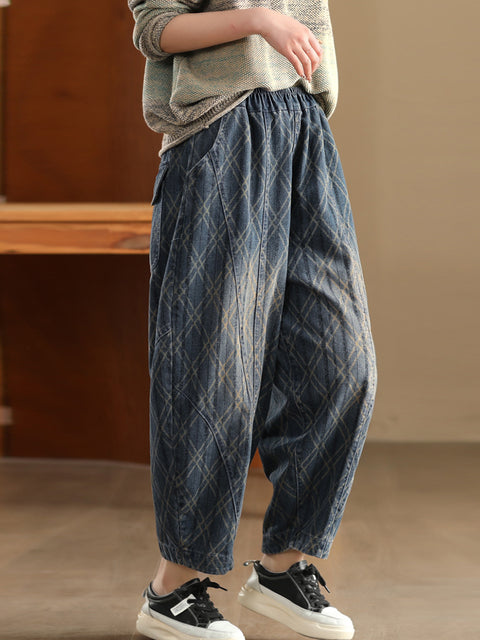 Women Spring Casual Denim Rhomboids Harem Pants