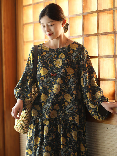 Women Spring Artsy Flower O-Neck Cotton Linen Shirt