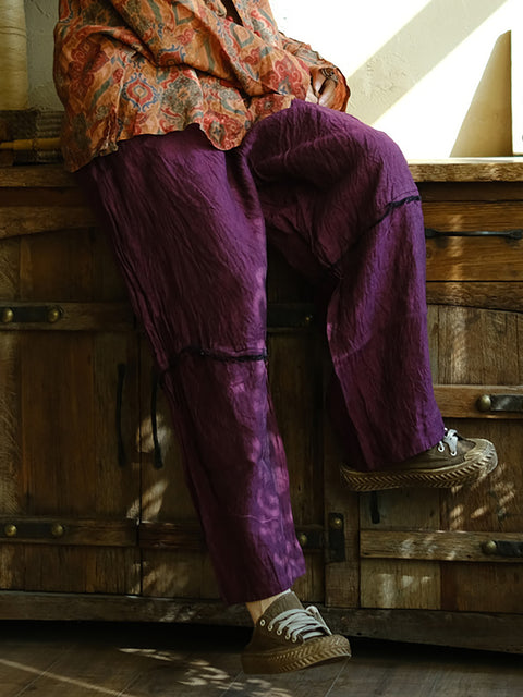 Women Spring Vintage Linen Spliced Wide-leg Pants