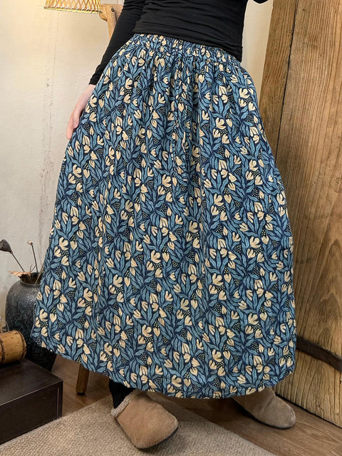 Women Spring Retro Flower Cotton Skirt