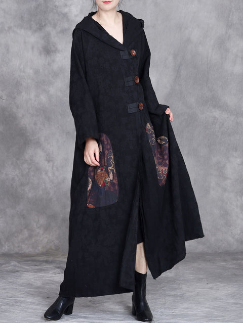 Women Autumn Retro Linen Jacquard Hooded Coat