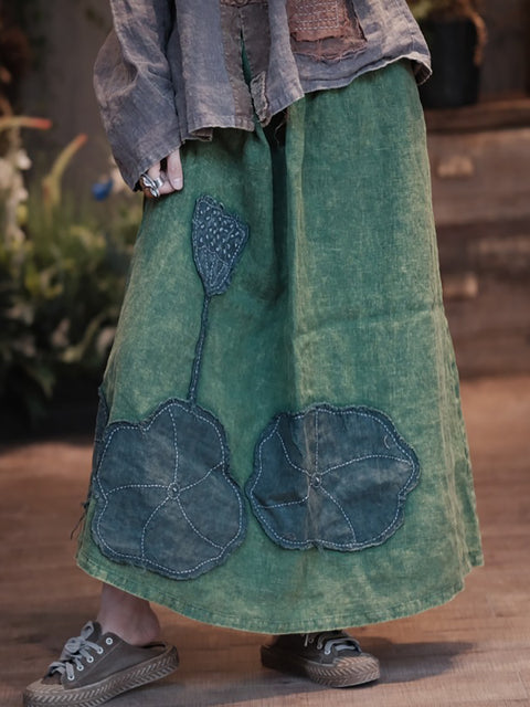 Women Spring Patch Spliced Linen Skirt