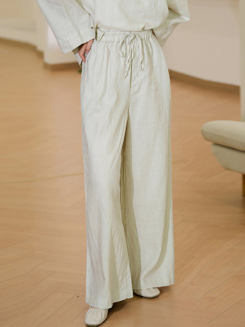 Women Spring Pure Color 100%Linen Wide-leg Pants