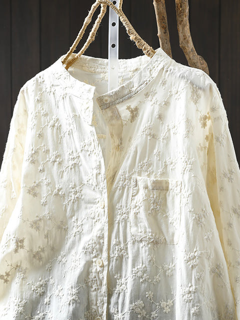 Women Spring 100%Cotton Flower Embroidery Shirt