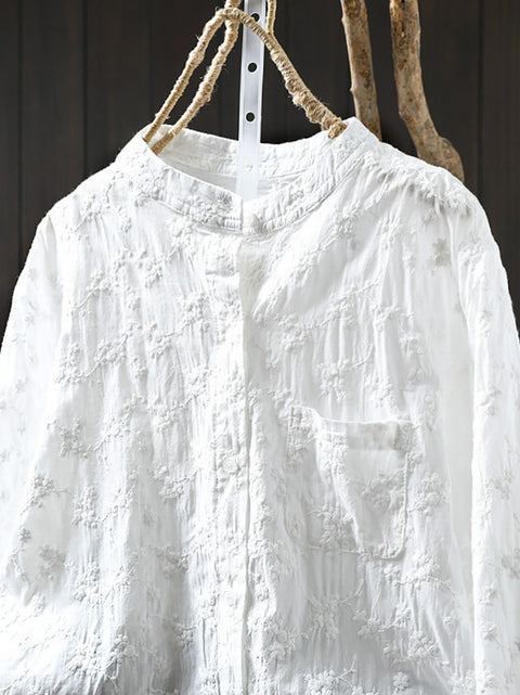 Women Spring 100%Cotton Flower Embroidery Shirt