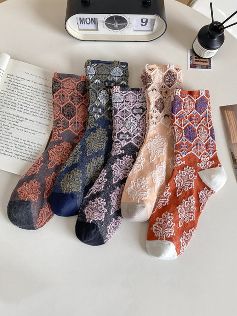 5 Pairs Women Artsy Floral Jacquard Cotton Socks