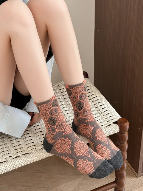 5 Pairs Women Artsy Floral Jacquard Cotton Socks