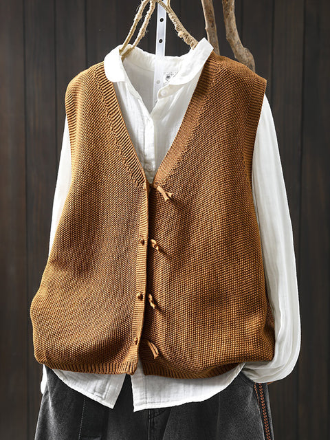 Women Spring Pure Color Knit V-Neck Cardigan Vest