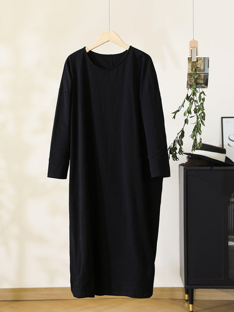 Women Spring Casual Pure Color O-Neck Loose Dress