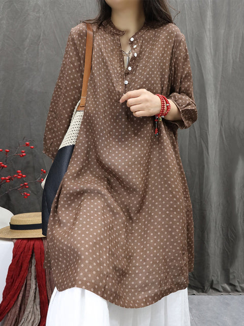 Women Spring O-Neck Dot 100%Ramie Shirt Dress