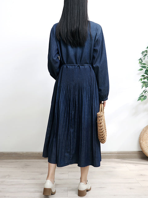 Women Autumn Artsy A-Shape O-Neck Denim Dress