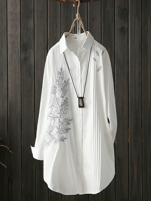 Women Artsy Embroidery Shirred Turn-down Collar Shirt