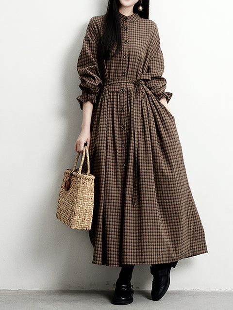 Women Spring Retro Plaid Stand Collar Loose Dress